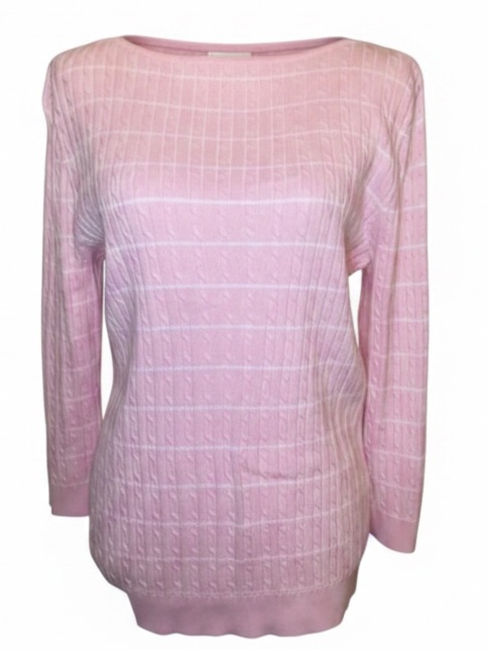 CHAPS Cable Knit Crewneck Sweater Pink & White Size Large
